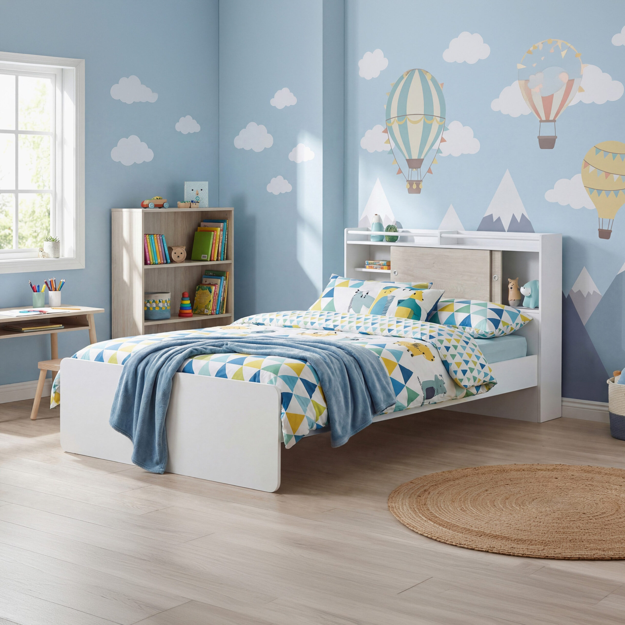 Ivory Twin Bed with Sliding Storage Headboard - 120x200 cm