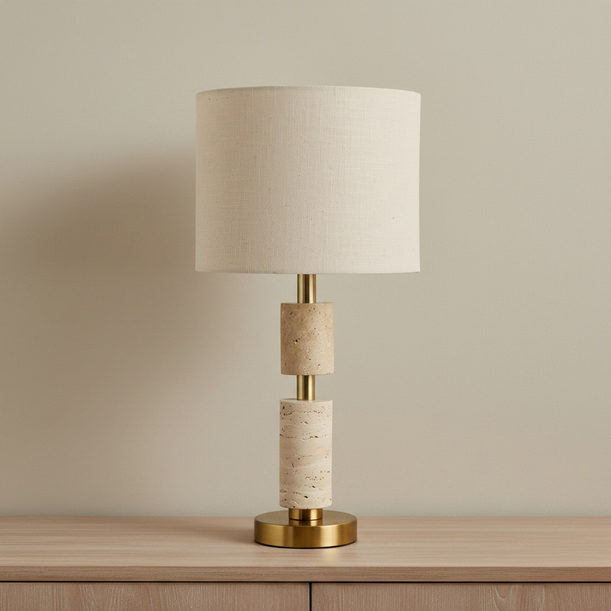 Merick Travertine Table Lamp with Linen Shade - 25x51 cm