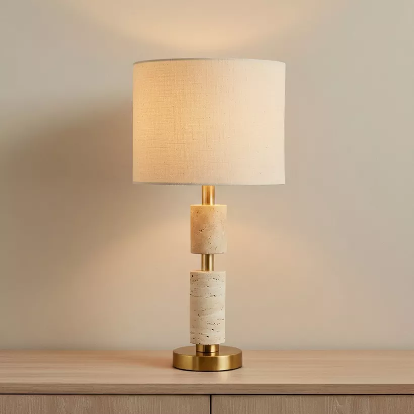 Merick Travertine Table Lamp with Linen Shade - 25x51 cm - Image 3