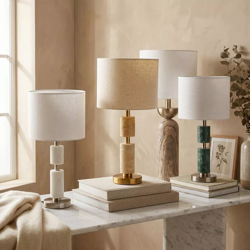 Merick Marble Table Lamp with Linen Shade - 23x48 cm - Image 2