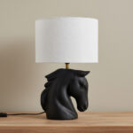 Elinor Ceramic Horse Table Lamp with Linen Shade - 48 cm