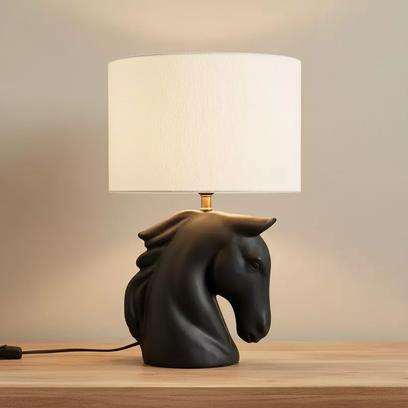 Elinor Ceramic Horse Table Lamp with Linen Shade - 48 cm - Image 3