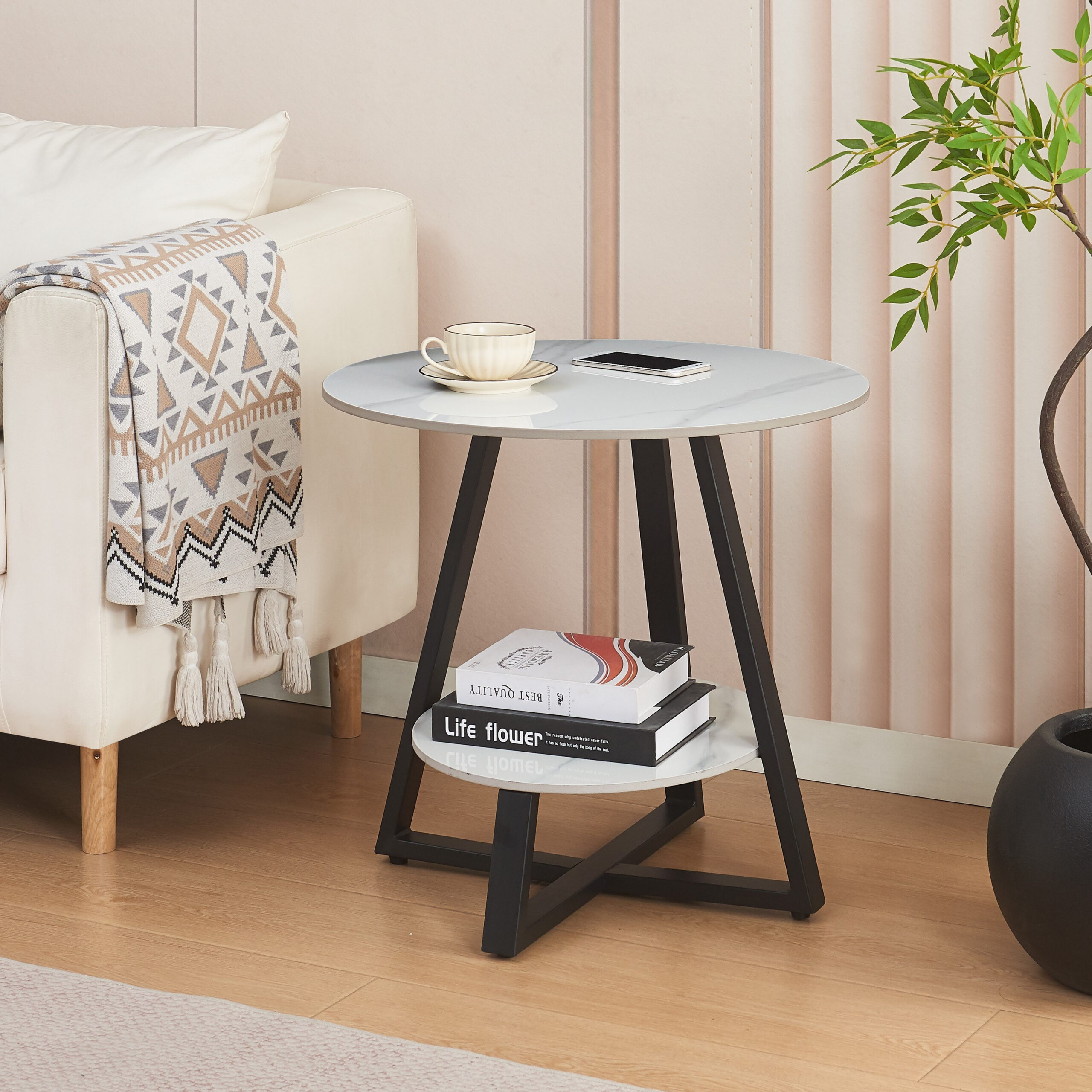 Movo-Shelly Sintered Stone Round End Table with Shelf