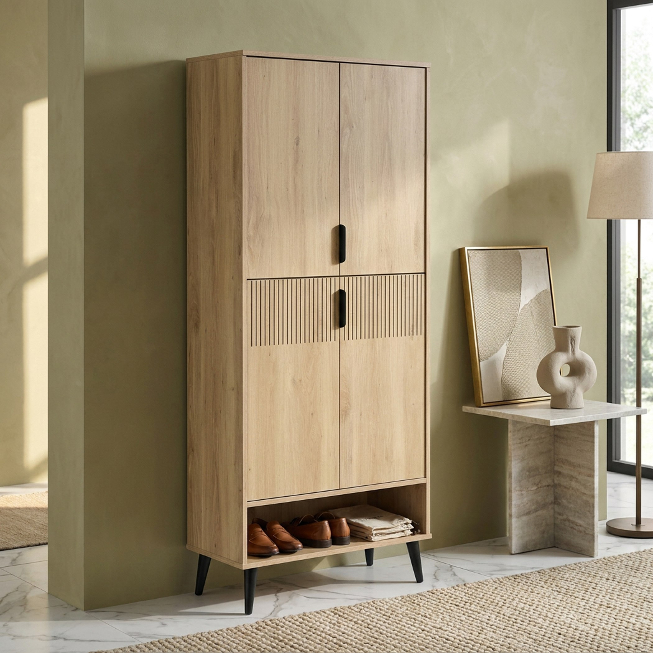 Movo Lasero 27-Pair Tall Shoe Cabinet with 4 Doors and Open Shelf