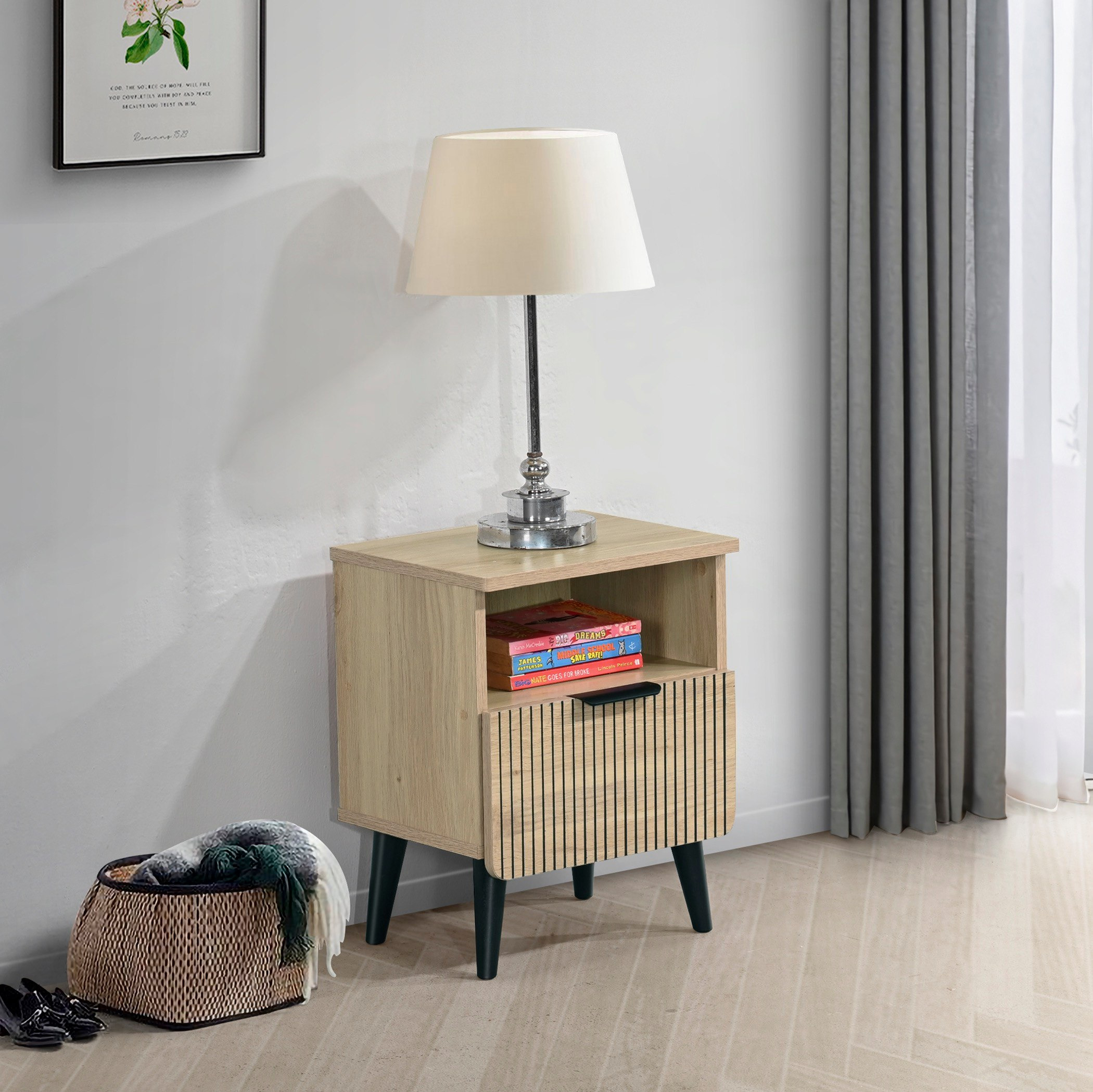Movo Lasero 1-Drawer Nightstand with Open Shelf Storage