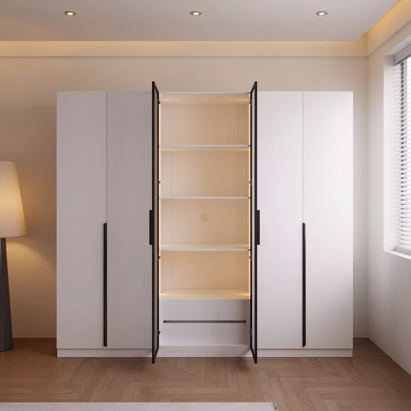 Marwell 6 Door Transparent Glass Wardrobe with 2 Drawers - Image 6