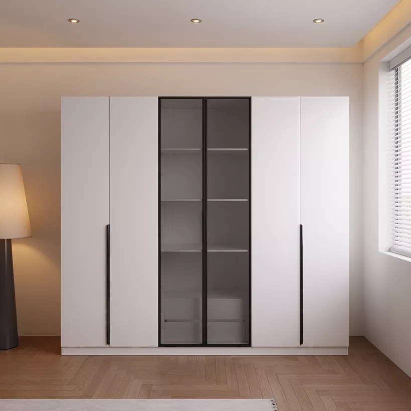 Marwell 6 Door Transparent Glass Wardrobe with 2 Drawers - Image 9