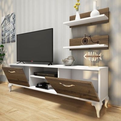 Home Canvas Tv Stand With Wall Shelf Tv Unit With Bookshelf Modern Pedestal Design 150 Cm - White And Antique Dark - Image 2
