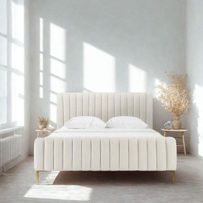 Angela Channel Tufted Queen Bed Frame 160x200cm -Cream- Elegant Upholstered Bed with Vertical Stitching - Modern Design with Padded Headboard - Sturdy Base - Soft Fabric Finish - Ideal for Bedrooms & Villas - Image 4