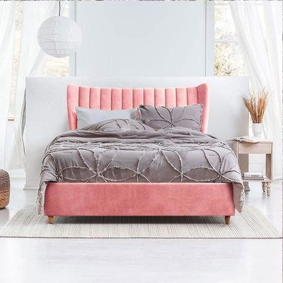 Knox Deep Channel Tufted Queen Bed Frame 160x200cm-Pink-Elegant Upholstered Bed with Channel Tufted-Modern Design with Padded Headboard-Sturdy Base-Soft Fabric Finish-Ideal for Bedrooms & Villas