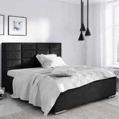 Ibiza upholstered Velvet Fabric Queen Bed Frame 160x200cm-Black-Elegant Upholstered Bed with Squared Tufting-Modern Design with Padded Headboard-Sturdy Base-Soft Fabric Finish-Ideal for Bedrooms & Villas