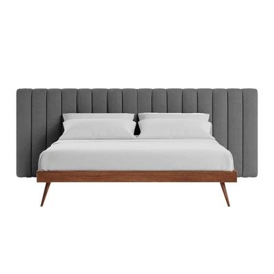 Megane Channel Tufted Super King Bed Frame 200x200cm-Grey-Elegant Upholstered Bed with Channel Tufted-Modern Design with Wide Headboard-Sturdy Base-Soft Fabric Finish-Ideal for Bedrooms & Villas