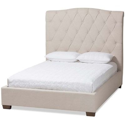 Shannon Upholstered Platform Queen Bed Frame 160x200cm-Beige-Elegant Upholstered Bed with Tufting-Modern Design with Padded Headboard-Sturdy Base-Soft Fabric Finish-Ideal for Bedrooms & Villas