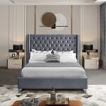 Aiden Velvet Super King Bed Frame 200x200cm-Grey-Elegant Upholstered Bed with Button Tufted-Modern Design with Wing Headboard-Sturdy Base-Soft Fabric Finish-Ideal for Bedrooms & Villas