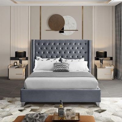 Aiden Velvet Super King Bed Frame 200x200cm-Grey-Elegant Upholstered Bed with Button Tufted-Modern Design with Wing Headboard-Sturdy Base-Soft Fabric Finish-Ideal for Bedrooms & Villas - Image 2