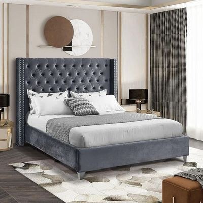 Aiden Velvet Super King Bed Frame 200x200cm-Grey-Elegant Upholstered Bed with Button Tufted-Modern Design with Wing Headboard-Sturdy Base-Soft Fabric Finish-Ideal for Bedrooms & Villas - Image 3