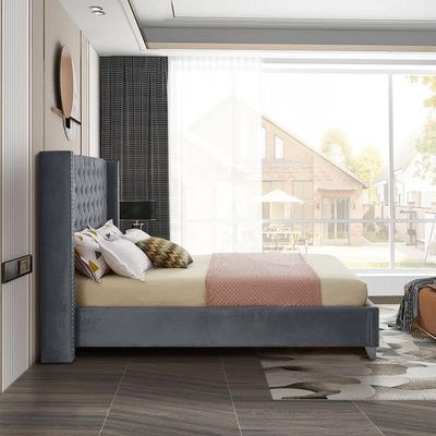 Aiden Velvet Queen Bed Frame 160x200cm-Grey-Elegant Upholstered Bed with Button Tufted-Modern Design with Wing Headboard-Sturdy Base-Soft Fabric Finish-Ideal for Bedrooms & Villas - Image 4