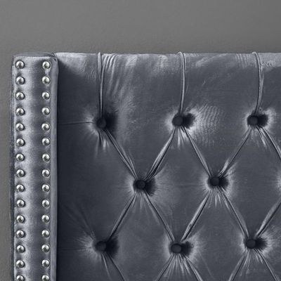 Aiden Velvet Super King Bed Frame 200x200cm-Grey-Elegant Upholstered Bed with Button Tufted-Modern Design with Wing Headboard-Sturdy Base-Soft Fabric Finish-Ideal for Bedrooms & Villas - Image 4