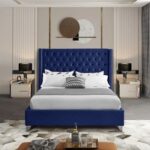 Aiden Velvet Queen Bed Frame 160x200cm-Navy Blue-Elegant Upholstered Bed with Button Tufted-Modern Design with Wing Headboard-Sturdy Base-Soft Fabric Finish-Ideal for Bedrooms & Villas
