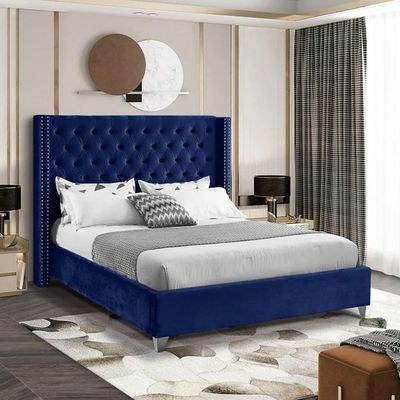 Aiden Velvet Queen Bed Frame 160x200cm-Navy Blue-Elegant Upholstered Bed with Button Tufted-Modern Design with Wing Headboard-Sturdy Base-Soft Fabric Finish-Ideal for Bedrooms & Villas - Image 2