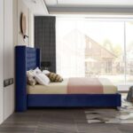 Aiden Velvet Queen Bed Frame 160x200cm-Navy Blue-Elegant Upholstered Bed with Button Tufted-Modern Design with Wing Headboard-Sturdy Base-Soft Fabric Finish-Ideal for Bedrooms & Villas