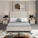 Aiden Velvet Queen Bed Frame 160x200cm-Beige-Elegant Upholstered Bed with Button Tufted-Modern Design with Wing Headboard-Sturdy Base-Soft Fabric Finish-Ideal for Bedrooms & Villas