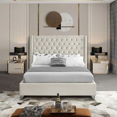 Aiden Velvet Super King Bed Frame 200x200cm-Beige-Elegant Upholstered Bed with Button Tufted-Modern Design with Wing Headboard-Sturdy Base-Soft Fabric Finish-Ideal for Bedrooms & Villas - Image 2