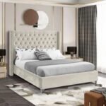 Aiden Velvet Queen Bed Frame 160x200cm-Beige-Elegant Upholstered Bed with Button Tufted-Modern Design with Wing Headboard-Sturdy Base-Soft Fabric Finish-Ideal for Bedrooms & Villas