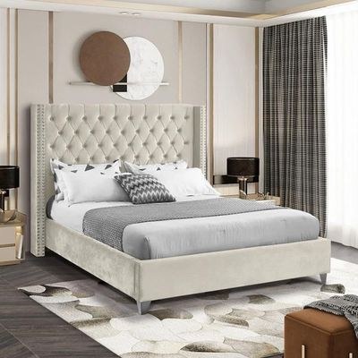 Aiden Velvet Super King Bed Frame 200x200cm-Beige-Elegant Upholstered Bed with Button Tufted-Modern Design with Wing Headboard-Sturdy Base-Soft Fabric Finish-Ideal for Bedrooms & Villas - Image 3