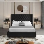 Aiden Velvet Queen Bed Frame 160x200cm-Black-Elegant Upholstered Bed with Button Tufted-Modern Design with Wing Headboard-Sturdy Base-Soft Fabric Finish-Ideal for Bedrooms & Villas