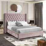 Aiden Velvet Queen Bed Frame 160x200cm-Pink-Elegant Upholstered Bed with Button Tufted-Modern Design with Wing Headboard-Sturdy Base-Soft Fabric Finish-Ideal for Bedrooms & Villas