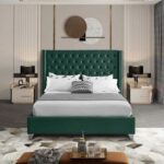 Aiden Velvet Queen Bed Frame 160x200cm-Green-Elegant Upholstered Bed with Button Tufted-Modern Design with Wing Headboard-Sturdy Base-Soft Fabric Finish-Ideal for Bedrooms & Villas