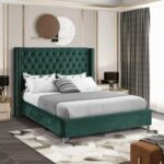 Aiden Velvet Queen Bed Frame 160x200cm-Green-Elegant Upholstered Bed with Button Tufted-Modern Design with Wing Headboard-Sturdy Base-Soft Fabric Finish-Ideal for Bedrooms & Villas