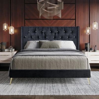 Caroline Velvet Super King Bed Frame 200x200cm-Black-Elegant Upholstered Bed with Diamond Tufting-Modern Design with Wingback Headboard-Sturdy Base-Soft Fabric Finish-Ideal for Bedrooms & Villas - Image 2