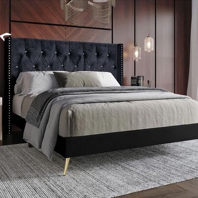 Caroline Velvet Super King Bed Frame 200x200cm-Black-Elegant Upholstered Bed with Diamond Tufting-Modern Design with Wingback Headboard-Sturdy Base-Soft Fabric Finish-Ideal for Bedrooms & Villas - Image 3