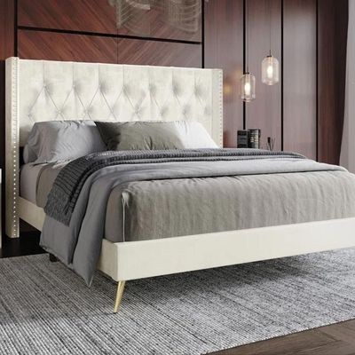 Caroline Velvet Super King Bed Frame 200x200cm-Beige-Elegant Upholstered Bed with Diamond Tufting-Modern Design with Wingback Headboard-Sturdy Base-Soft Fabric Finish-Ideal for Bedrooms & Villas - Image 3