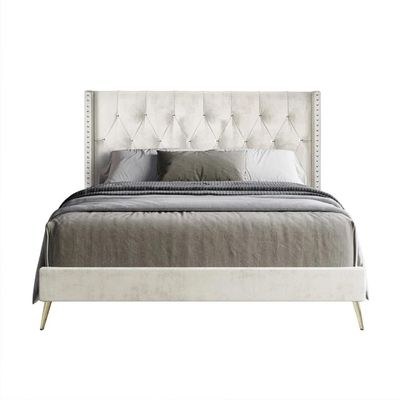 Caroline Velvet Single Bed Frame 100x200cm-Beige-Elegant Upholstered Bed with Diamond Tufting-Modern Design with Wingback Headboard-Sturdy Base-Soft Fabric Finish-Ideal for Bedrooms & Villas