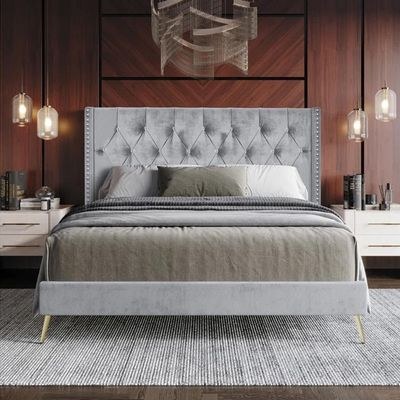 Caroline Velvet Super King Bed Frame 200x200cm-Grey-Elegant Upholstered Bed with Diamond Tufting-Modern Design with Wingback Headboard-Sturdy Base-Soft Fabric Finish-Ideal for Bedrooms & Villas - Image 2