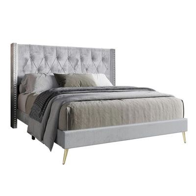 Caroline Velvet Super King Bed Frame 200x200cm-Grey-Elegant Upholstered Bed with Diamond Tufting-Modern Design with Wingback Headboard-Sturdy Base-Soft Fabric Finish-Ideal for Bedrooms & Villas - Image 3