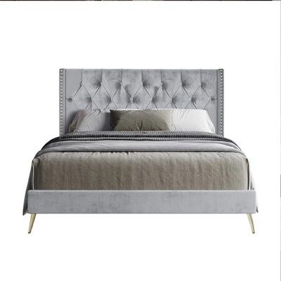 Caroline Queen Bed Velvet Bed Frame 160x200cm-Grey-Elegant Upholstered Bed with Diamond Tufting-Modern Design with Wingback Headboard-Sturdy Base-Soft Fabric Finish-Ideal for Bedrooms & Villas - Image 4