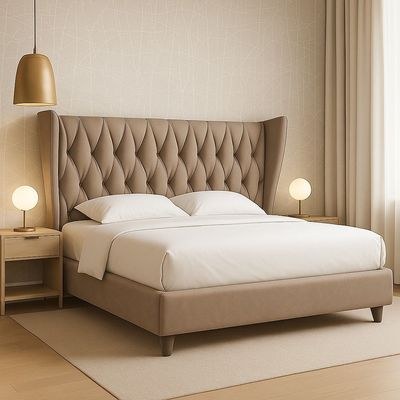 Upholstered Wingback King Headboard Design In Brown Fabric 180x200 cm