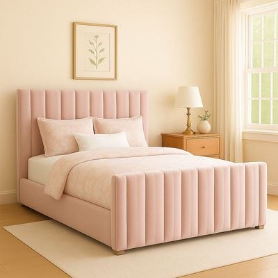 Safina Wing Back Double Ottoman Bed in Light Pink Velvet With Mattress Super King Size: 200X200