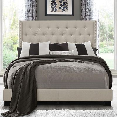 Dollar Tufted Upholstered Low Profile Nailhead King Bed Bed Frame 180x200cm - Elegant Upholstered Bed with ButtonTufting - Modern Design with Padded Headboard - Sturdy Base - Soft Fabric Finish - Ideal for Bedrooms & Villas