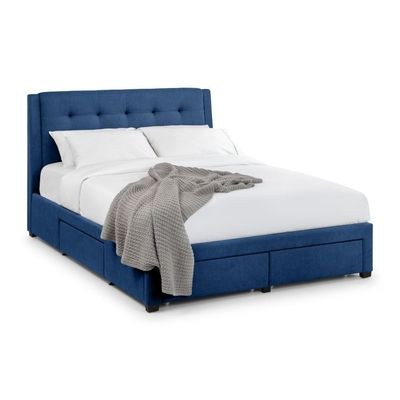 Fullerton Fabricwith 4 Drawer Storage Single Bed Frame 100x200cm-Blue - Elegant Upholstered Bed with Storage Drawers - Modern Design with Buttoned Headboard - Sturdy Base - Soft Fabric Finish - Ideal for Bedrooms & Villas