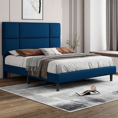 Lombardi Upholstered Platform King Bed Frame 180x200cm-Blue - Elegant Upholstered Bed with squared stitched - Modern Design with Padded Headboard - Sturdy Base - Soft Fabric Finish - Ideal for Bedrooms & Villas