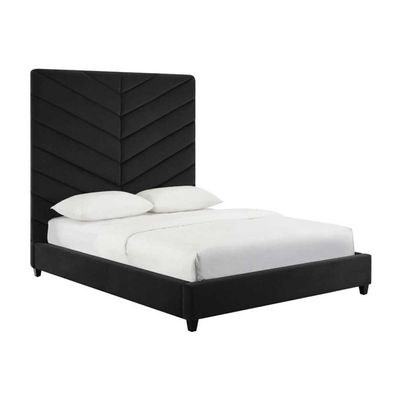 Edison Velvet Super King Bed Frame 200x200cm-Black - Elegant Upholstered Bed with channel tufted - Modern Design with Padded Headboard - Sturdy Base - Soft Fabric Finish - Ideal for Bedrooms & Villas