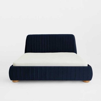 Victoria Channel Tufted King Bed Frame 180x200cm-Navy Blue-Elegant Upholstered Bed with Channel Tufted-Modern Design with Padded Headboard-Sturdy Base-Soft Fabric Finish-Ideal for Bedrooms & Villas