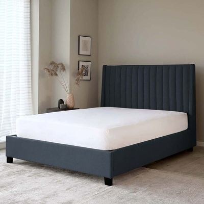 Bella Wingbed Single Bed Frame 100x200cm-Navy-Elegant Upholstered Bed with Channel Tufted-Modern Design with Padded Headboard-Sturdy Base-Soft Fabric Finish-Ideal for Bedrooms & Villas - Image 3