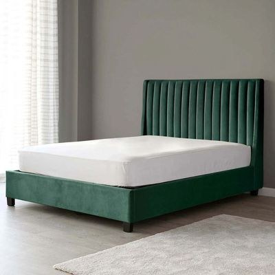 Bella Wingbed King Bed Frame 180x200cm-Green-Elegant Upholstered Bed with Channel Tufted-Modern Design with Padded Headboard-Sturdy Base-Soft Fabric Finish-Ideal for Bedrooms & Villas