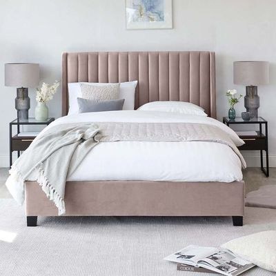 Bella Wingbed Queen Bed Frame 160x200cm- Pink-Elegant Upholstered Bed with Channel Tufted-Modern Design with Padded Headboard-Sturdy Base-Soft Fabric Finish-Ideal for Bedrooms & Villas